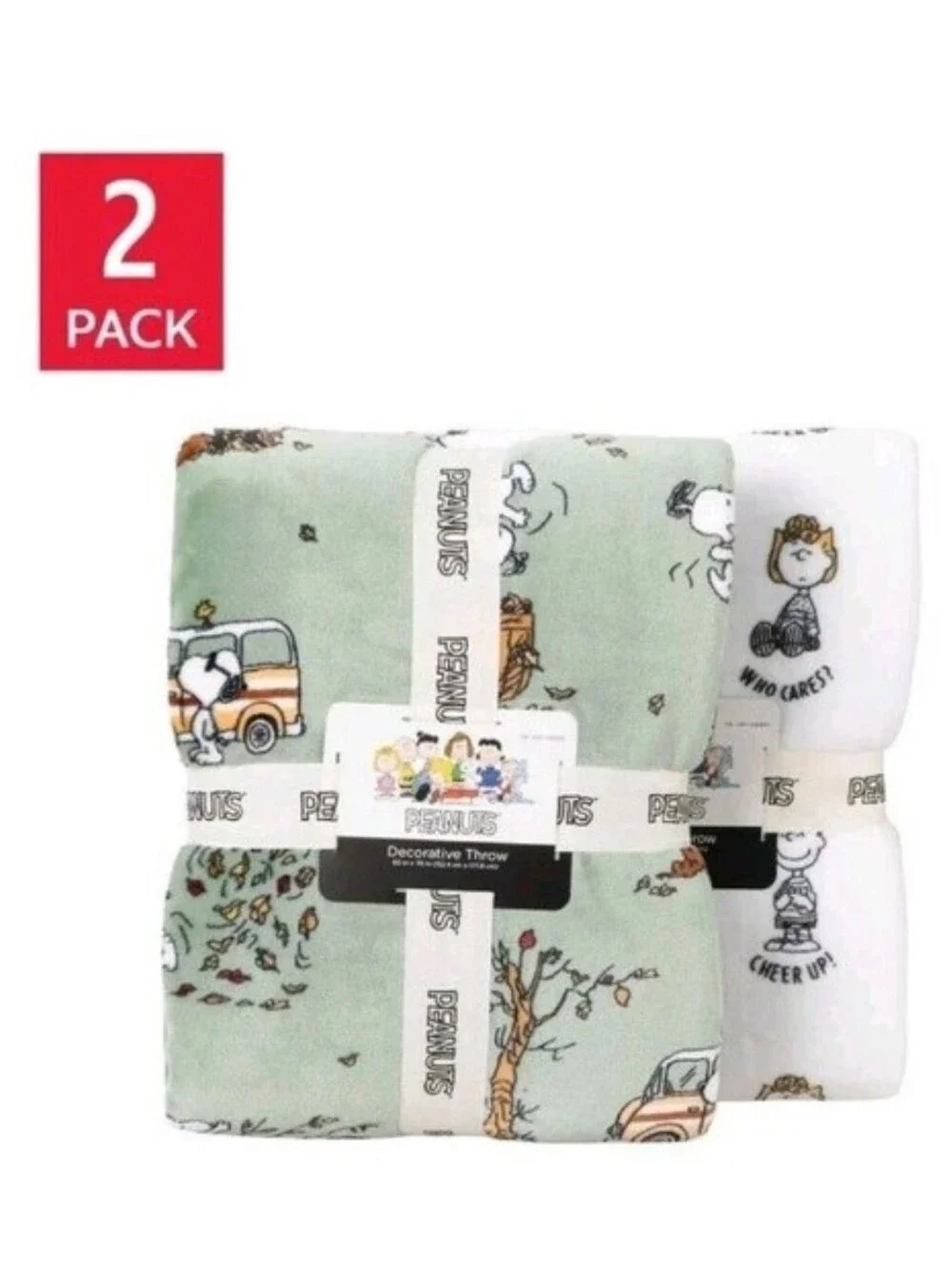 Peanuts Throw Green White Snoopy 2-Pack Printed VelvetLoft Plush Green - New